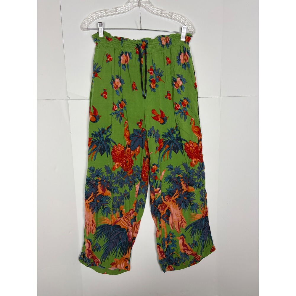 Anthropologie Tropical Bird Floral Smocked Wide Leg Pants Green Size S - Picture 3 of 12